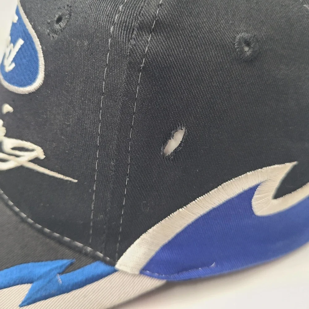 Vintage Ford Racing Hat Snapback (Fits Small) Black Blue White Flames *TEAR*‎